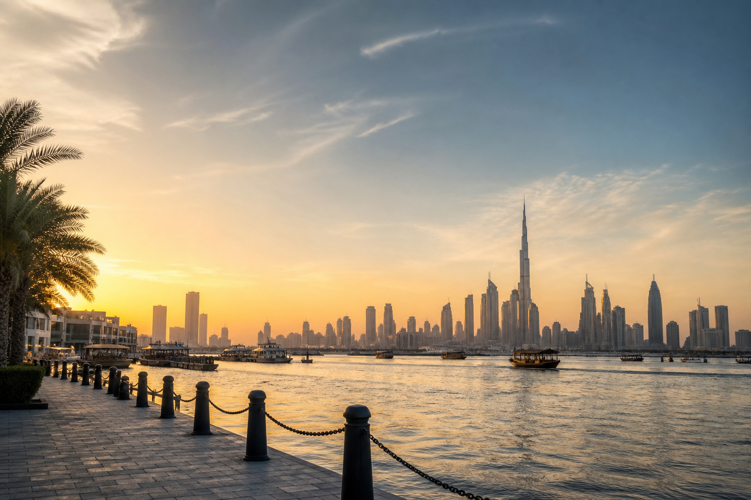 Dubai skyline at golden hour.