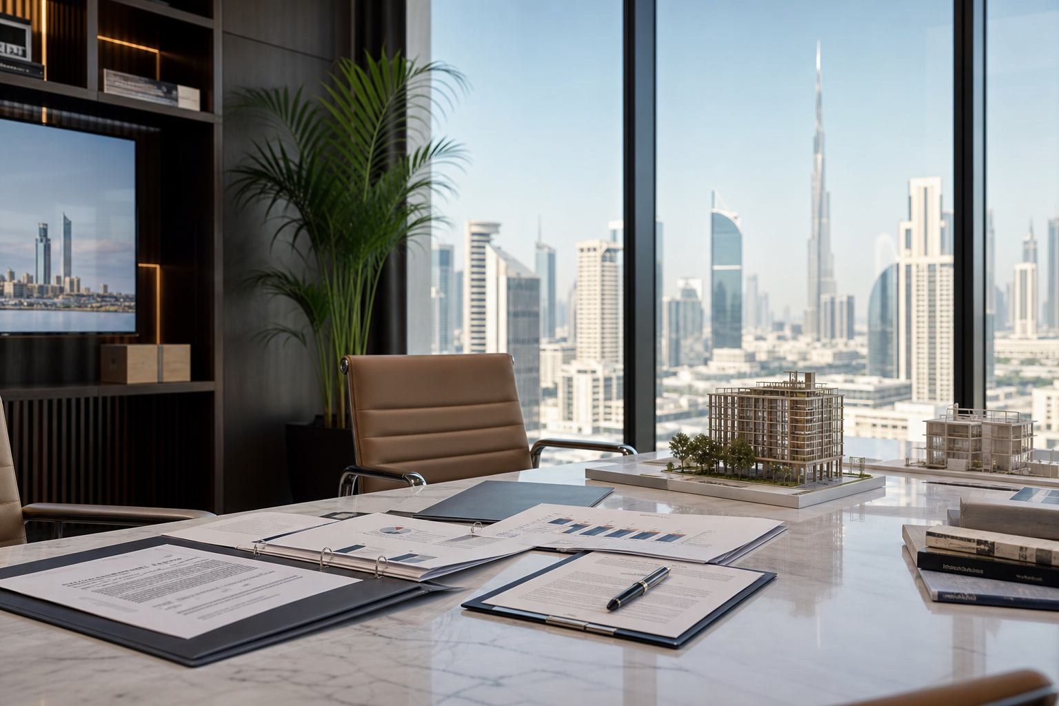 Professional advisory scene with real estate planning materials.
